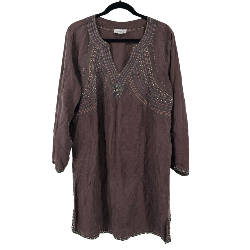 Coldwater Creek Tunic Silk Beaded Embroidered PXL Brown Boho Peasant Top FLAW
